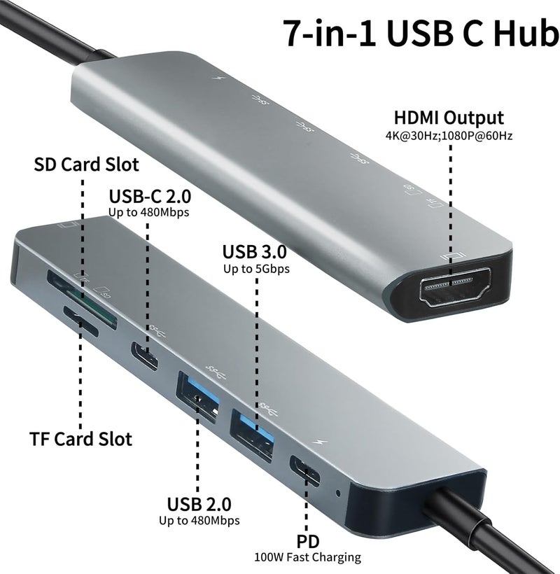 Luonanava USB C Hub Multiport Adapter, 7 in 1 USBC Dongle with 4K HDMI, 100W PD Charging, USB 3.0, SD/TF Card Reader, USB-C Docking Station for MacBook Pro/Air, Chromebook, Dell, HP and Other Type C Laptops - Image 2